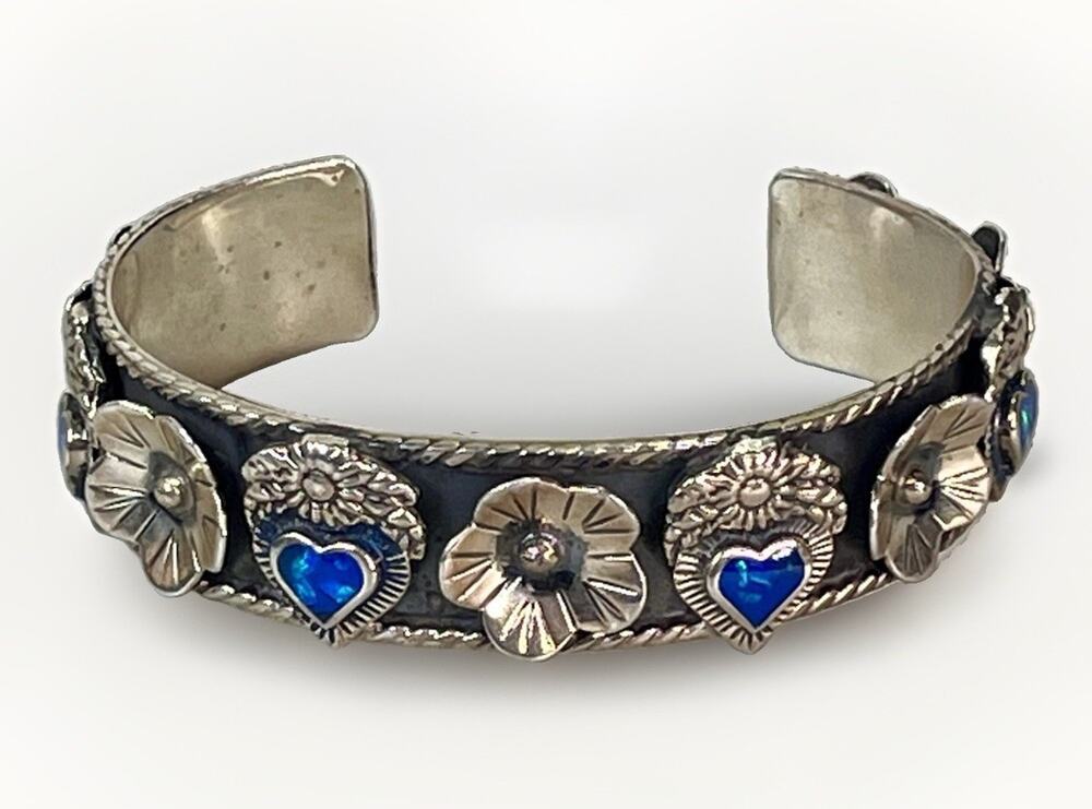 TAXCO 925 Sterling Silver Blue Opal Heart Floral Statement Cuff Handmade Mexico